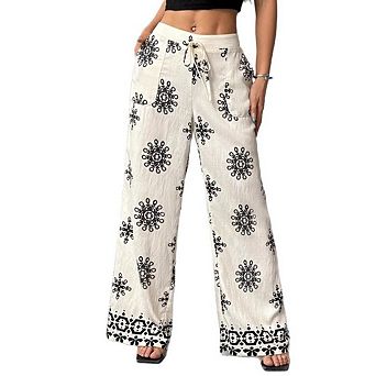 Women's Floral Wide Leg Pants Drawstring Elastic Waist Pocket Design Beach Holiday Summer Outfit