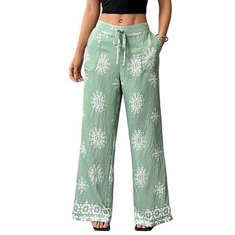Women's Floral Wide Leg Pants Drawstring Elastic Waist Pocket Design Beach Holiday Summer Outfit