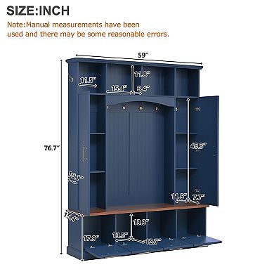 Trikiousd 4-IN-1 Hall Tree Entryway Walnut Bench Wooden Shoe Rack with Adjustable Shelves