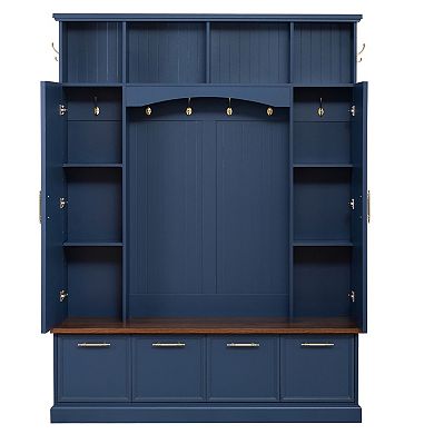 Trikiousd 4-IN-1 Hall Tree Entryway Walnut Bench Wooden Shoe Rack with Adjustable Shelves