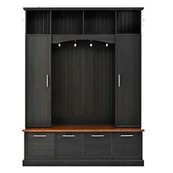 Trikiousd 4-IN-1 Hall Tree Entryway Walnut Bench Wooden Shoe Rack with Adjustable Shelves
