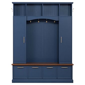 Trikiousd 4-IN-1 Hall Tree Entryway Walnut Bench Wooden Shoe Rack with Adjustable Shelves