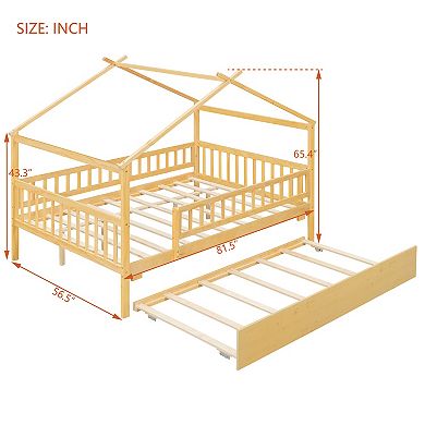 Trikiousd Full Size House Bed Playhouse Bed Wooden Montessori Bed with Trundle