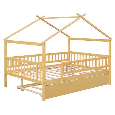 Trikiousd Full Size House Bed Playhouse Bed Wooden Montessori Bed with Trundle