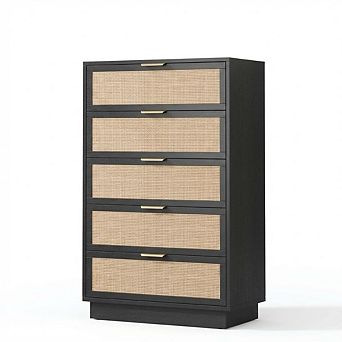 5-Drawer Rattan Dresser with Cabinet, Wooden Chest of Drawers for Bedroom, Hallways, Closet