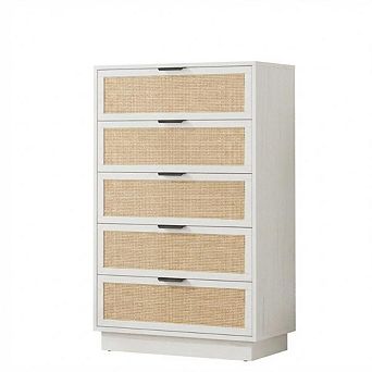 5-Drawer Rattan Dresser with Cabinet, Wooden Chest of Drawers for Bedroom, Hallways, Closet