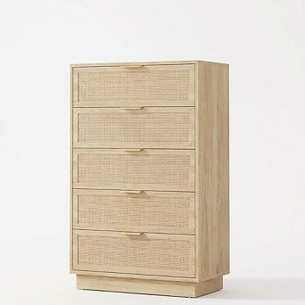 5-Drawer Rattan Dresser with Cabinet, Wooden Chest of Drawers for Bedroom, Hallways, Closet