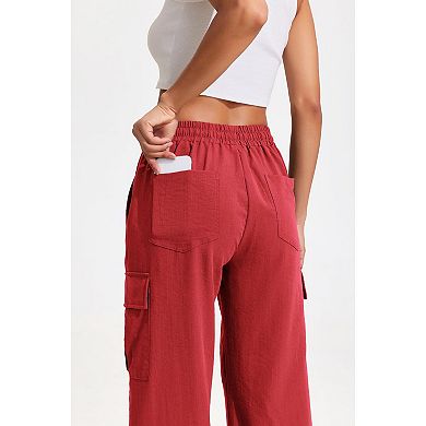 Pinspark Women's Quick Dry Hiking Cargo Pants High Waisted Drawstring Wide Leg Athletic Joggers
