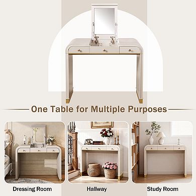 Trikiousd 3-in-1 Compact Vanity Set with Flip Mirror, Wooden Dressing Table Bedside Table Desk