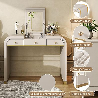 Trikiousd 3-in-1 Compact Vanity Set with Flip Mirror, Wooden Dressing Table Bedside Table Desk