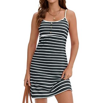 Womens Summer Dress Striped Print Spaghetti Strap Sleeveless Mini Dress Casual Henley Short Sundress