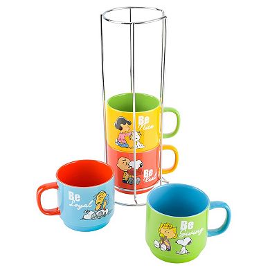 Peanuts 4 Pack 15 OZ Stackable Mugs with a Rack