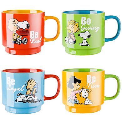 Peanuts 4 Pack 15 OZ Stackable Mugs with a Rack