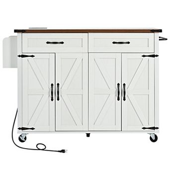 Pnronnc Farmhouse Kitchen Island Rolling Kitchen Storage Cart with Drop Leaf, Spice Rack and Drawer
