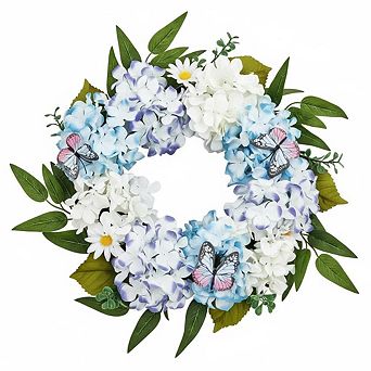 20" Spring Summer Wreaths, Artificial Blue White Hydrangeas Floral Wreath with Butterfly Daisy