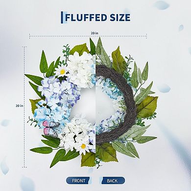 20" Spring Summer Wreaths, Artificial Blue White Hydrangeas Floral Wreath with Butterfly Daisy