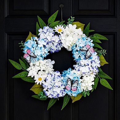 20" Spring Summer Wreaths, Artificial Blue White Hydrangeas Floral Wreath with Butterfly Daisy