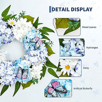 20" Spring Summer Wreaths, Artificial Blue White Hydrangeas Floral Wreath with Butterfly Daisy