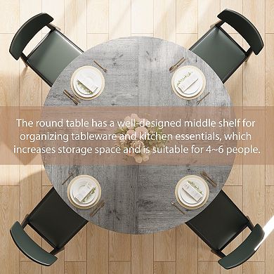 47" Round Farmhouse Dining Table with Storage Shelf, Metal Pedestal Base for 46