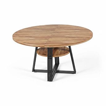 47" Round Farmhouse Dining Table with Storage Shelf, Metal Pedestal Base for 46