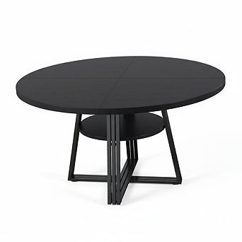 47" Round Farmhouse Dining Table with Storage Shelf, Metal Pedestal Base for 46