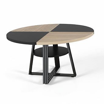 47" Round Farmhouse Dining Table with Storage Shelf, Metal Pedestal Base for 46