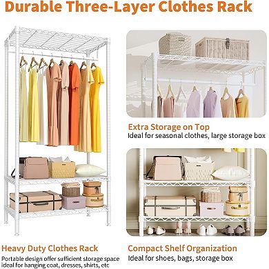 Heavy Duty Clothes Rack, Portable Closet Metal Garment Rack with 3-Tier Adjustable Shelves