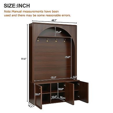 Trikiousd Arched Entryway Hall Tree Wooden Coat Rack Organizer w/Adjustable Shelves & 4 Golden Hooks
