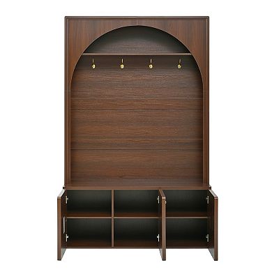 Trikiousd Arched Entryway Hall Tree Wooden Coat Rack Organizer w/Adjustable Shelves & 4 Golden Hooks