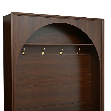 Trikiousd Arched Entryway Hall Tree Wooden Coat Rack Organizer w/Adjustable Shelves & 4 Golden Hooks