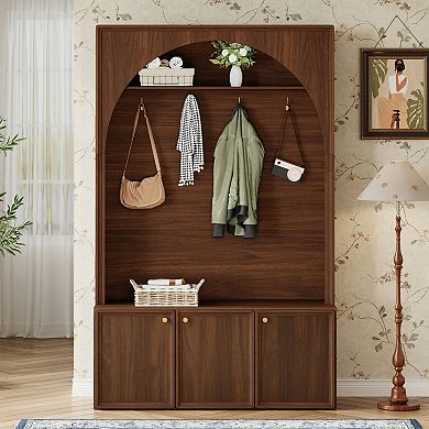 Trikiousd Arched Entryway Hall Tree Wooden Coat Rack Organizer w/Adjustable Shelves & 4 Golden Hooks