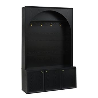 Trikiousd Arched Entryway Hall Tree Wooden Coat Rack Organizer w/Adjustable Shelves & 4 Golden Hooks