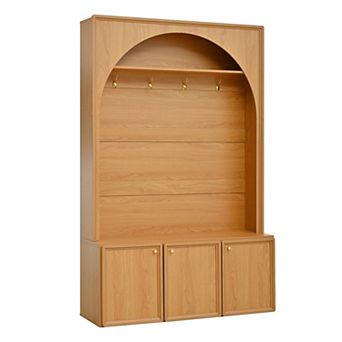 Trikiousd Arched Entryway Hall Tree Wooden Coat Rack Organizer w/Adjustable Shelves & 4 Golden Hooks