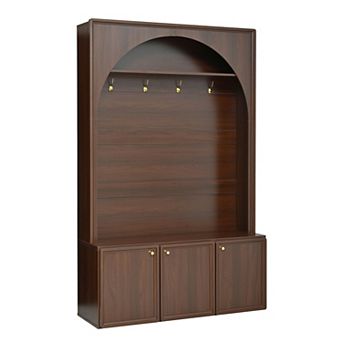 Trikiousd Arched Entryway Hall Tree Wooden Coat Rack Organizer w/Adjustable Shelves & 4 Golden Hooks