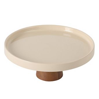 Gibson Elite Gracious Dining 10.7 Inch Stoneware Cake Stand with Acacia Base