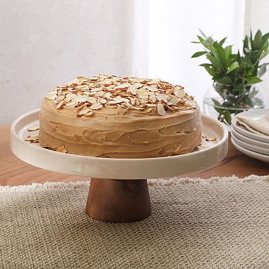 Gibson Elite Gracious Dining 10.7 Inch Stoneware Cake Stand with Acacia Base