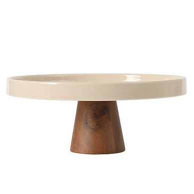 Gibson Elite Gracious Dining 10.7 Inch Stoneware Cake Stand with Acacia Base