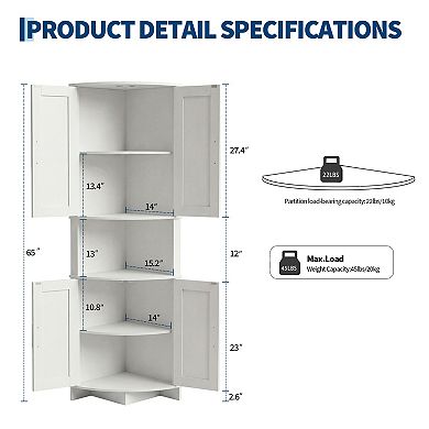 64.8" Tall Farmhouse Corner Storage Cabinet, Freestanding Triangle Pantry with Adjustable Shelves