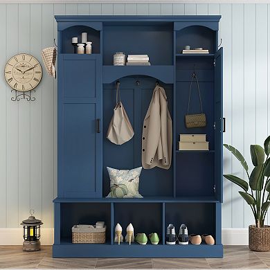 Trikiousd Classic Arched Hall Tree Storage Bench with Adjustable Shelves & Dual Side Cabinets