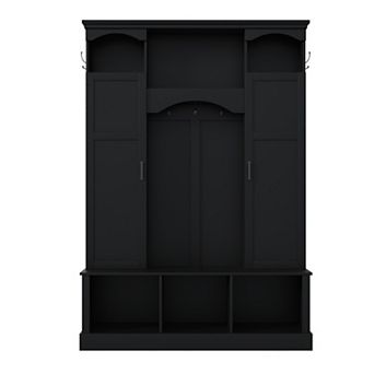 Trikiousd Classic Arched Hall Tree Storage Bench with Adjustable Shelves & Dual Side Cabinets