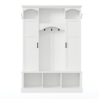 Trikiousd Classic Arched Hall Tree Storage Bench with Adjustable Shelves & Dual Side Cabinets