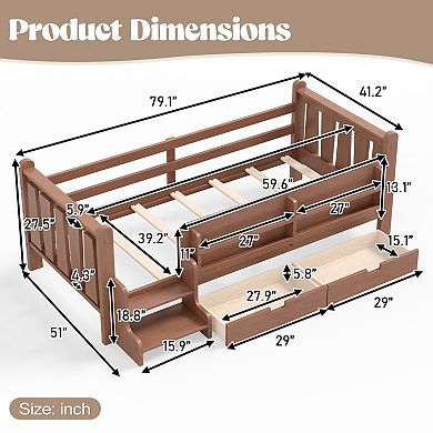 Trikiousd Kids Platform Bed Frame Floor Bed with Low-profile Stairs, Bookcases & Storage Drawers
