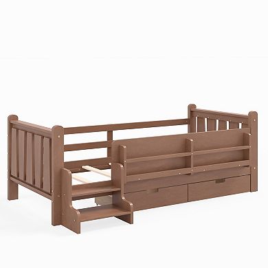 Trikiousd Kids Platform Bed Frame Floor Bed with Low-profile Stairs, Bookcases & Storage Drawers