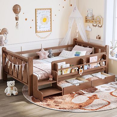 Trikiousd Kids Platform Bed Frame Floor Bed with Low-profile Stairs, Bookcases & Storage Drawers