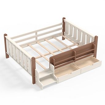 Trikiousd Kids Platform Bed Frame Floor Bed with Low-profile Stairs, Bookcases & Storage Drawers