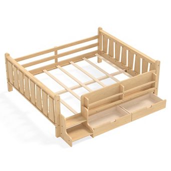 Trikiousd Kids Platform Bed Frame Floor Bed with Low-profile Stairs, Bookcases & Storage Drawers