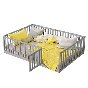 Trikiousd Full Size Floor Bed Montessori Beds with Door & High Guardrail