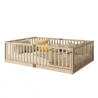 Trikiousd Full Size Floor Bed Montessori Beds with Door & High Guardrail