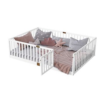 Trikiousd Full Size Floor Bed Montessori Beds with Door & High Guardrail