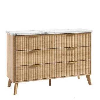 Modern Fluted 6-Drawer Dresser Curved Profile, Gold Handles Storage Organizer